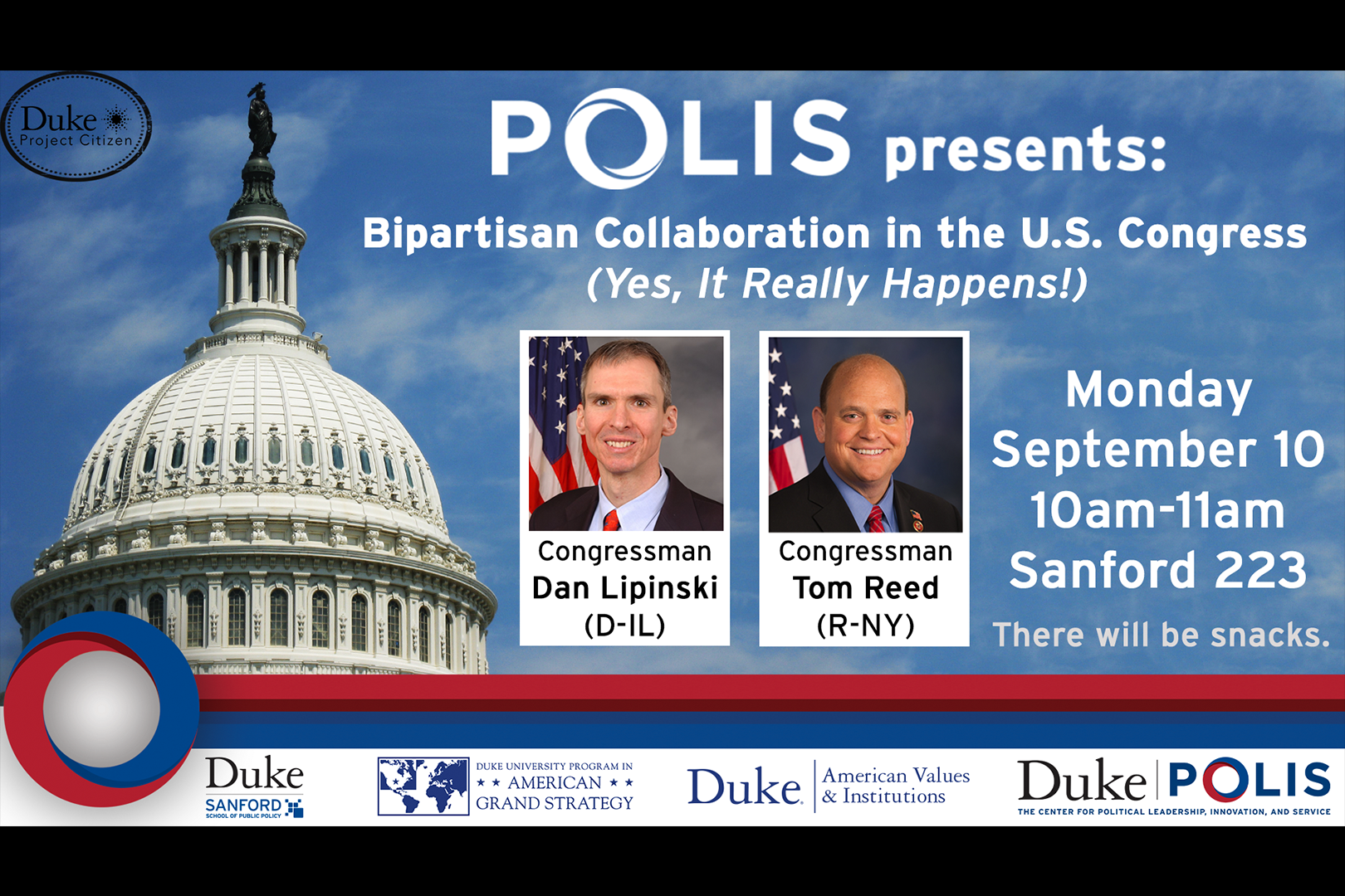 Event poster for Dan Lipinski and Tom Reed talk